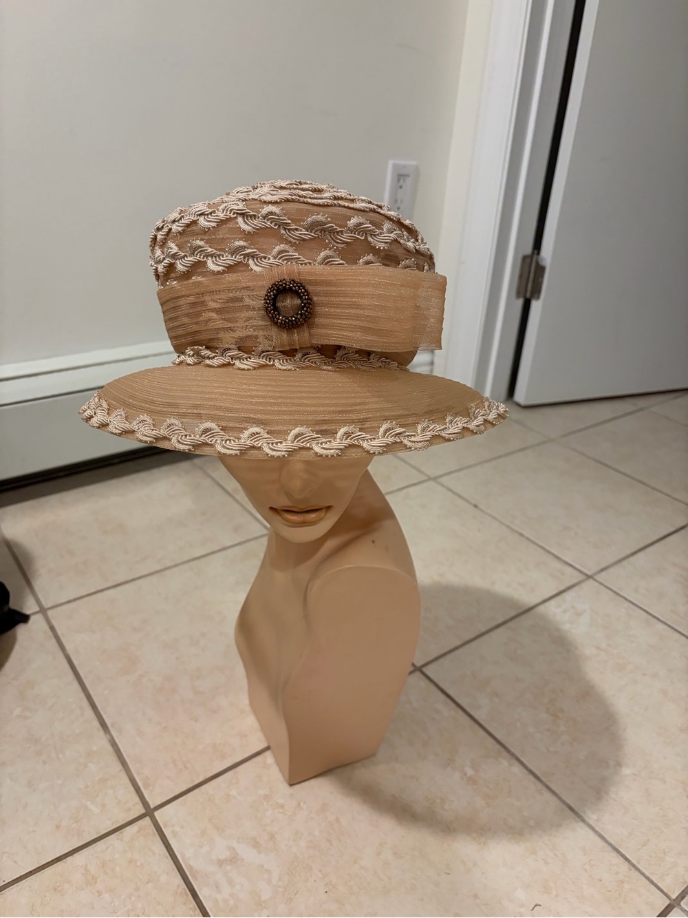 Finesse Tan Beige Wide Brim Women’s Dress Hat Sheer Embroidered Formal Church Ha